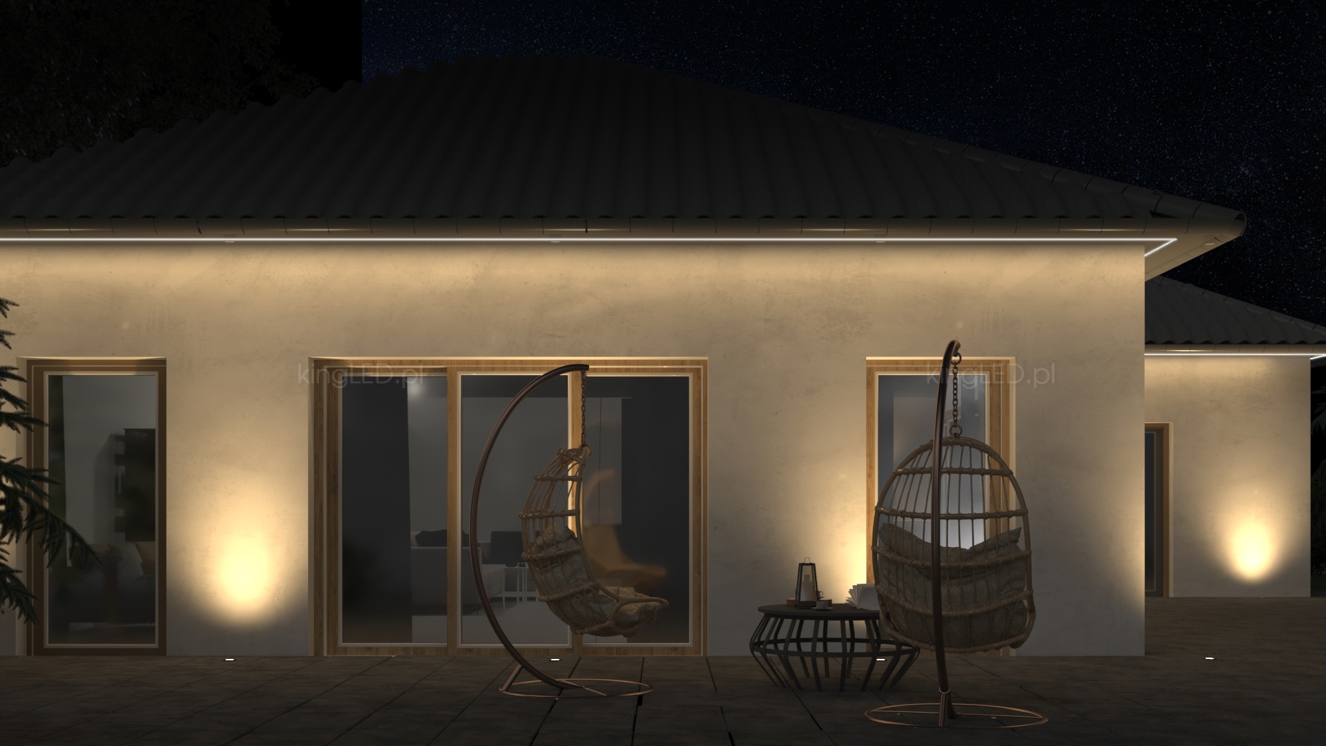 Podświetlona elewacja domu wygląda ładnie.