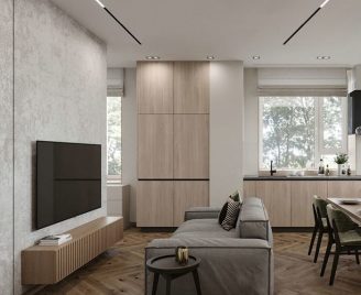 Aranżacja nowoczesnego salonu połączonego z kuchnią
