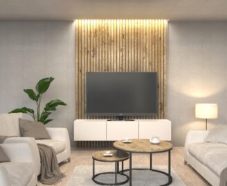 Salon z lamelami na ścianie z TV i oświetlenie ledowe