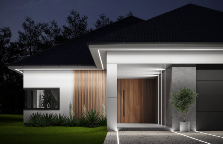 Oświetlenie elewacji domu – podsufitka dachowa z taśmą LED