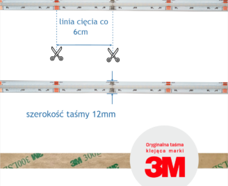 Pokazane miejsca cięcia paska led, szerokość i rodzaj taśmy klejącej