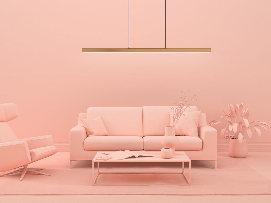Pastalowe wnętrze a w nim wisząca podłużna lampa ledowa