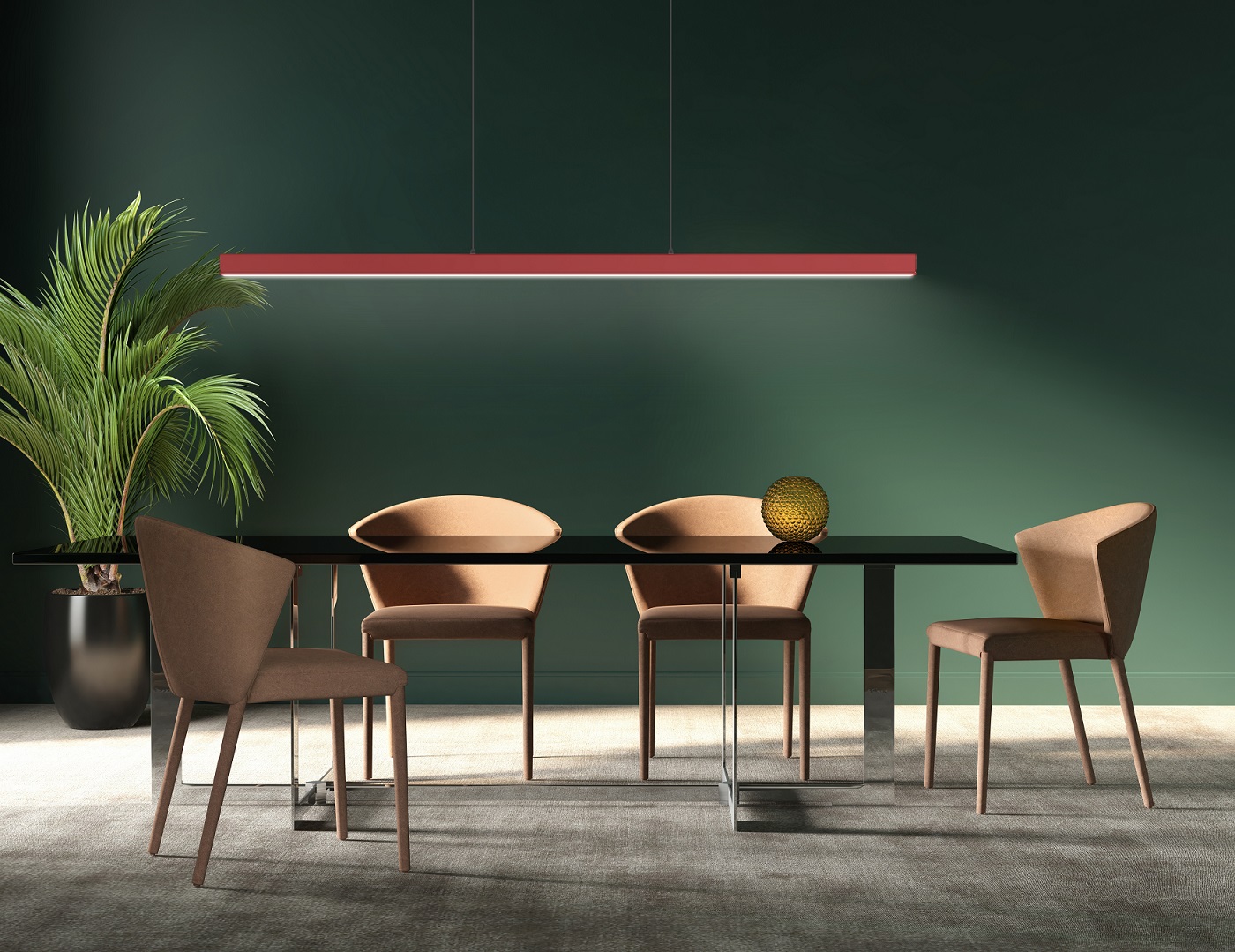 3d rendering of a green interior dining room with salmon red  ch