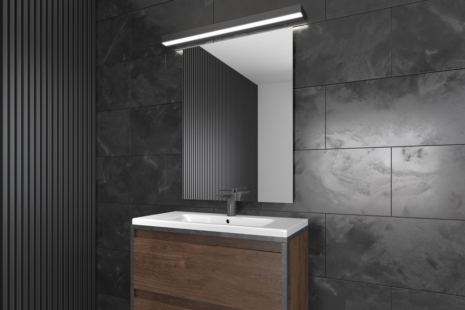 Lampa ścienna w kolorze czarnym zamontowana nad lustrem w łazience
