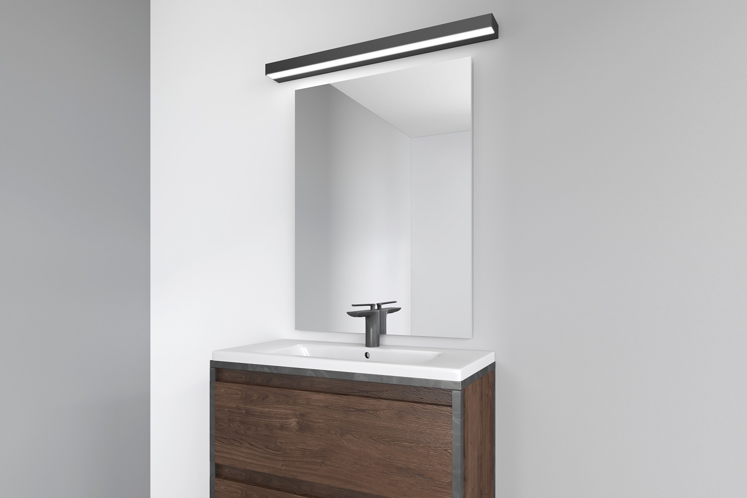 Lampa ścienna w kolorze czarnym zamontowana nad lustrem w łazience