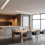 Concrete and wooden kitchen corner with poster and window