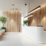 A modern reception area inside an office building with a white r