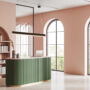 Luxury pink barber shop with reception desk, laptop and panoramic window