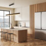 Light kitchen interior with bar island, fridge and cooking area, panoramic window
