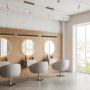 White beauty salon with chairs in row and round mirror, panoramic window