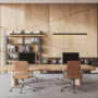 Wooden open space office interior with bookcase