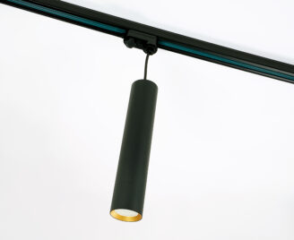 Lampa wisząca Tuba montowana do szynoprzewodu w kolorze czarnym ze złotym środkiem