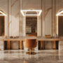 Luxury beauty salon interior featuring tall mirrors, two orange